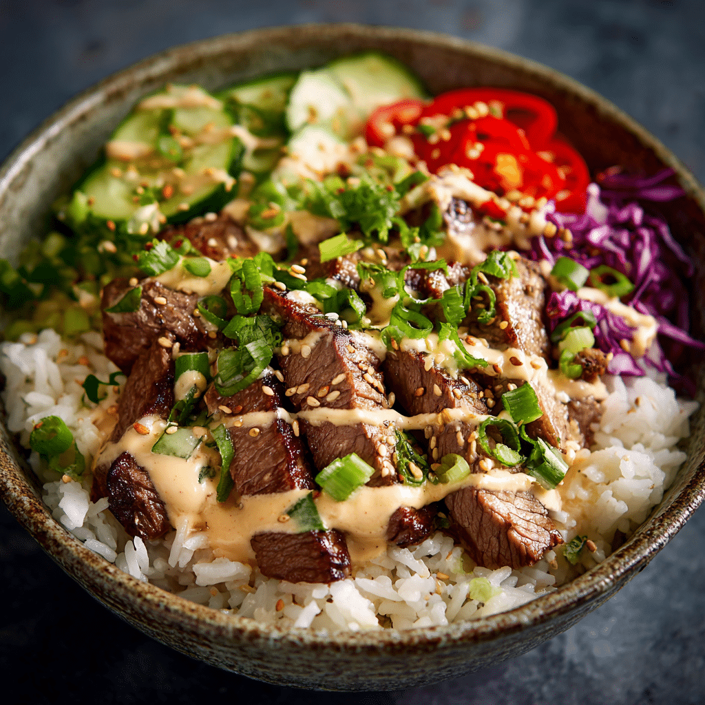 Korean BBQ Steak Rice Bowls with Spicy Cream Sauce