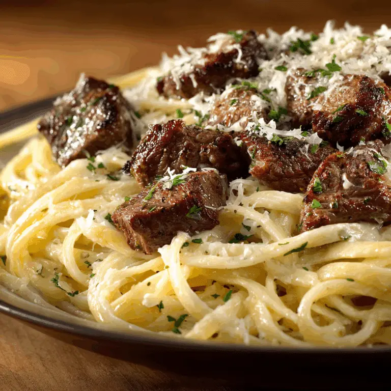 Cheesy Garlic Steak Bites over Creamy Linguine Pasta