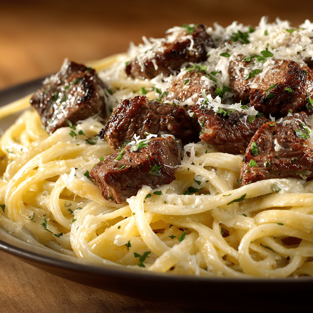 Cheesy Garlic Steak Bites over Creamy Linguine Pasta