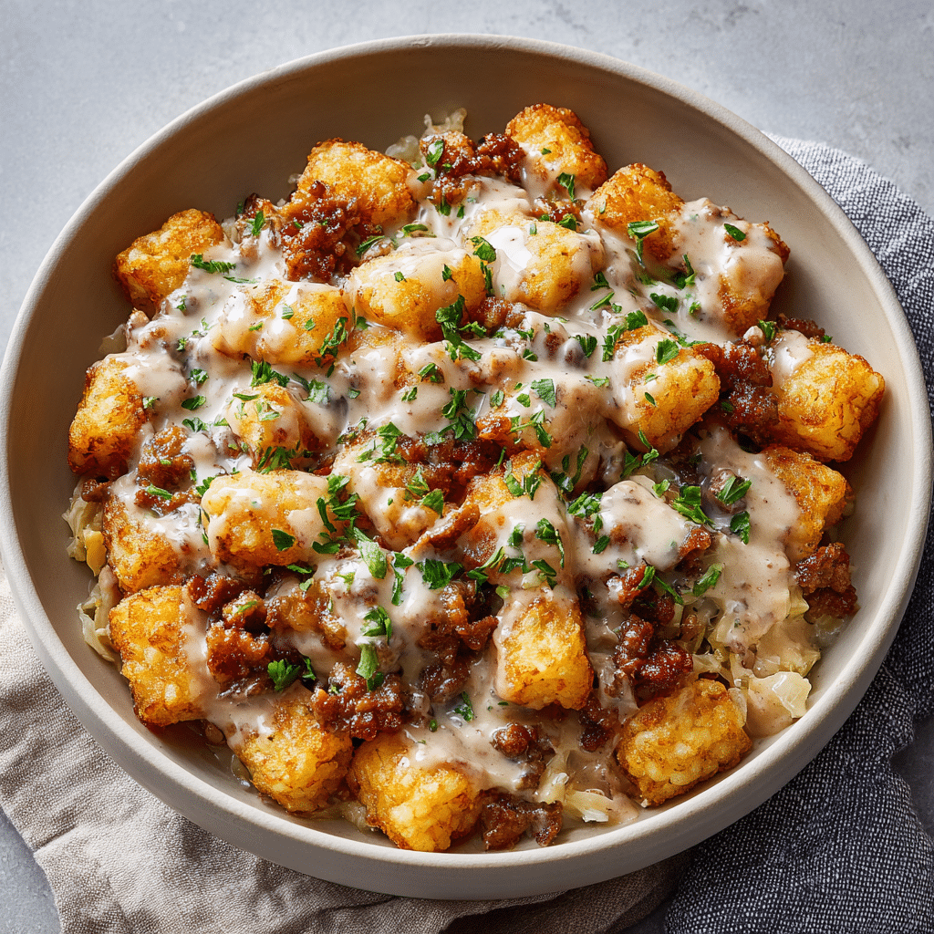 Tater Tot Breakfast Bowl with Sausage Gravy