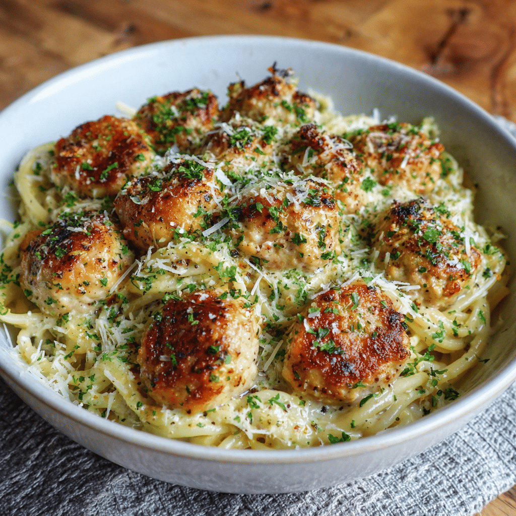 Garlic Butter Chicken Balls with Creamy Parmesan Pasta