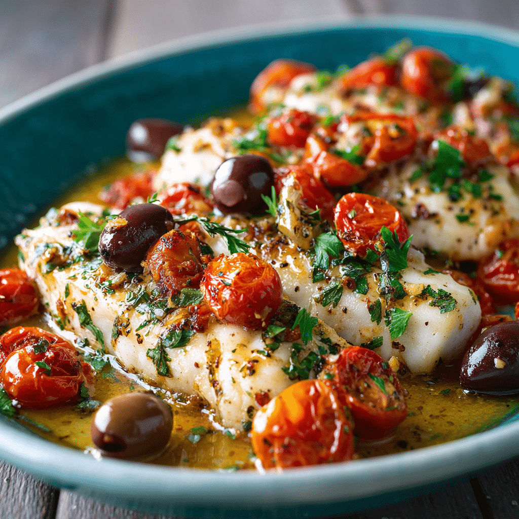 Baked Fish with Cherry Tomatoes and Olives – A Flavorful and Easy Seafood Delight