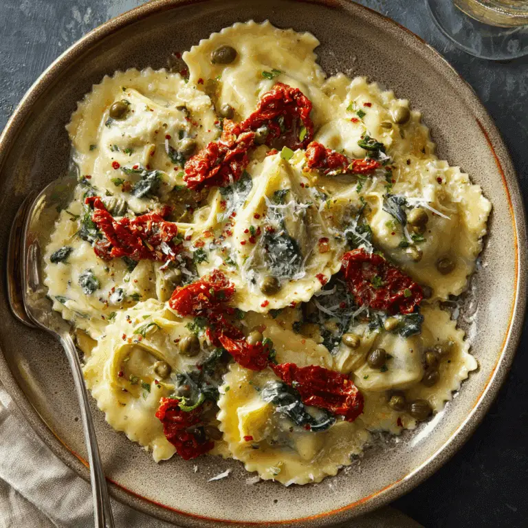 Italian Ravioli with Spinach, Artichokes, Capers, and Sun-Dried Tomatoes