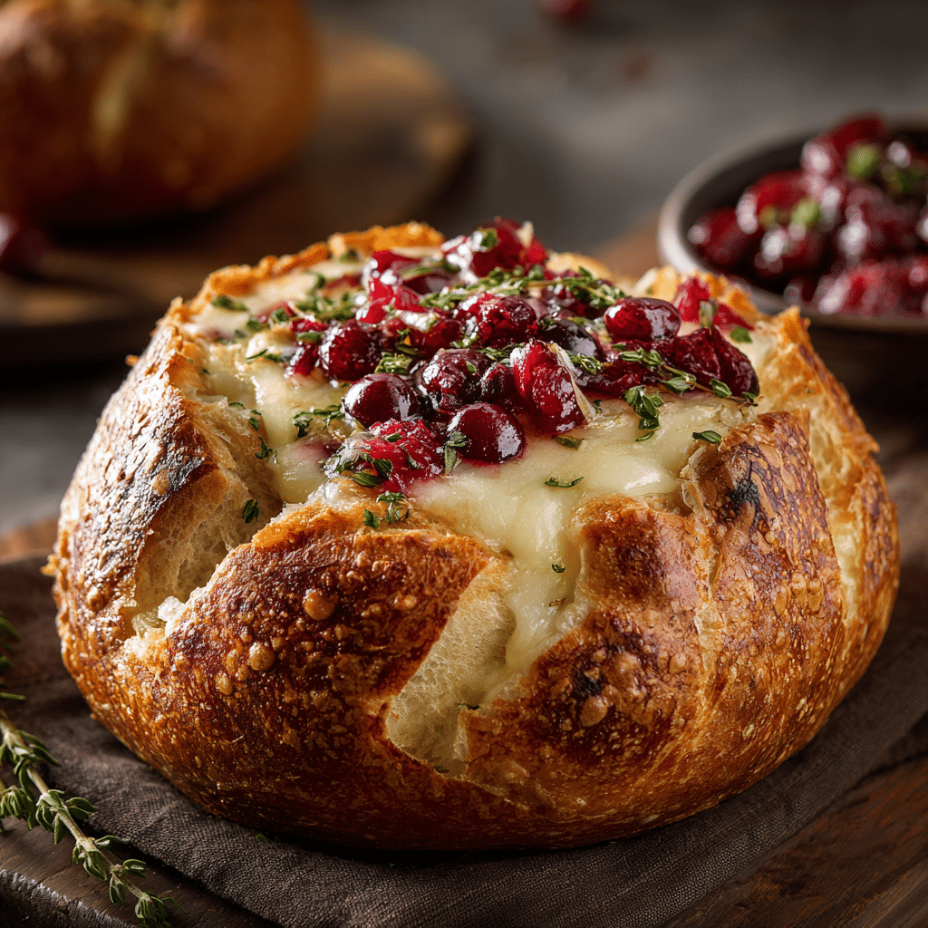Baked Brie in Bread Bowl with Cranberry Sauce and Thyme