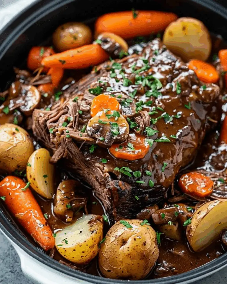 Tender Chuck Roast with Carrots, Potatoes, and Mushroom Gravy