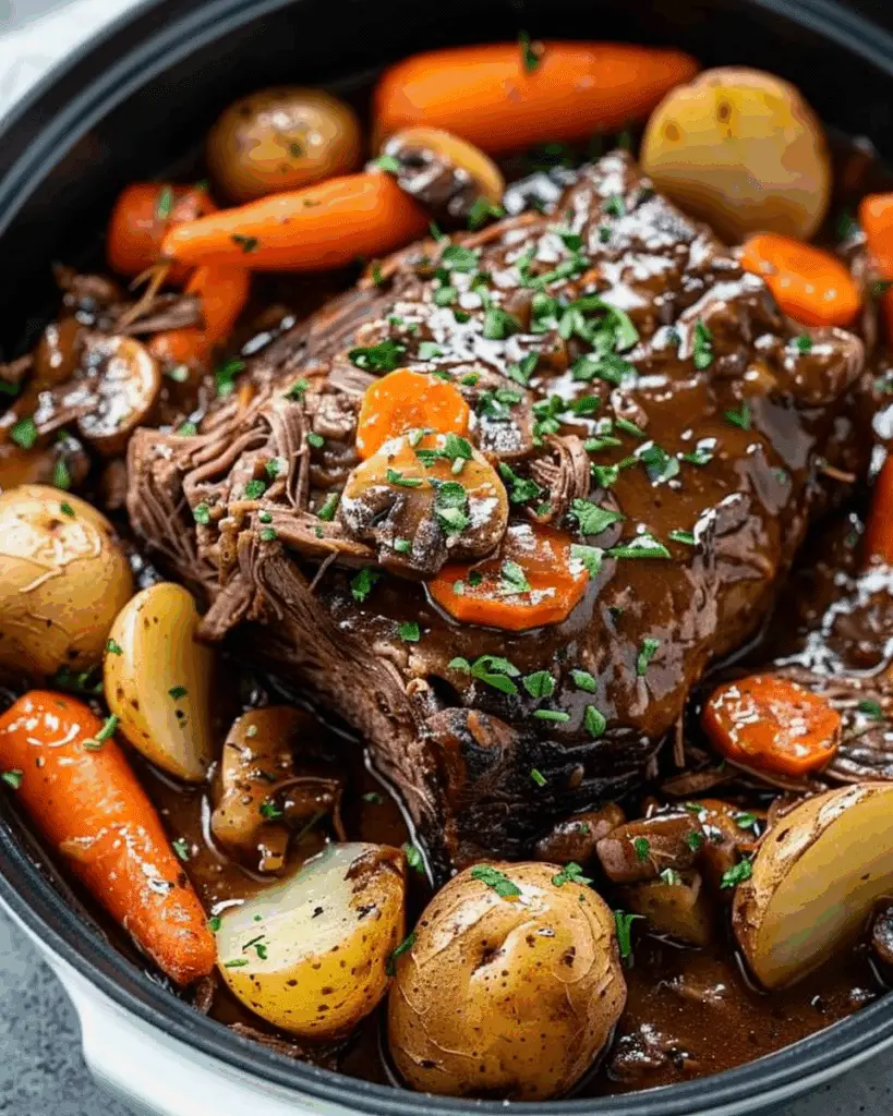 Tender Chuck Roast with Carrots, Potatoes, and Mushroom Gravy