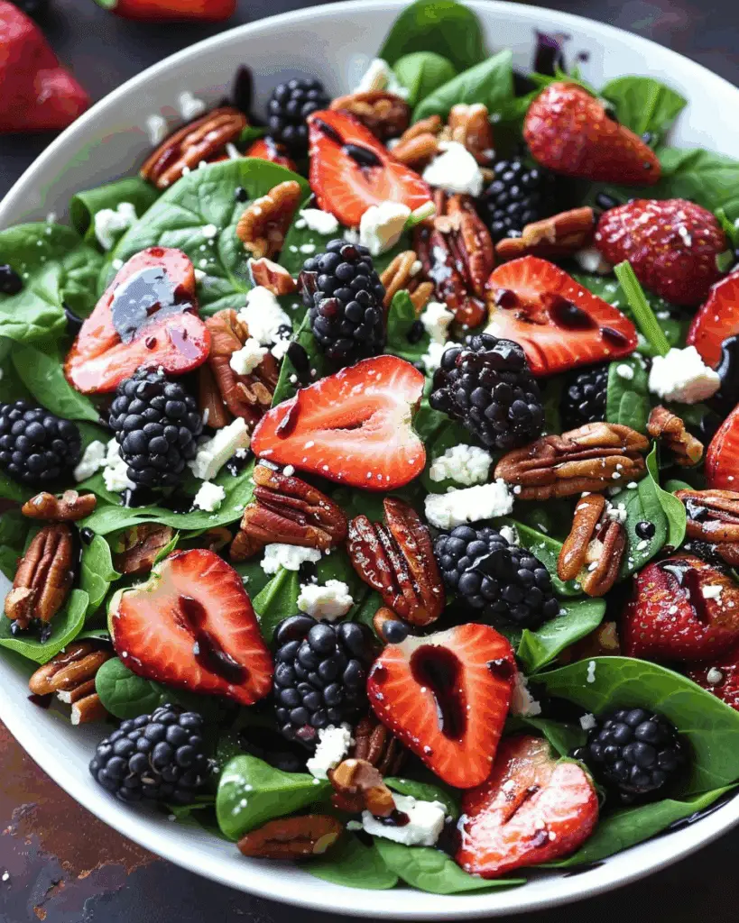 Strawberry Blackberry Spinach Salad with Pecans, Feta, and Balsamic Glaze