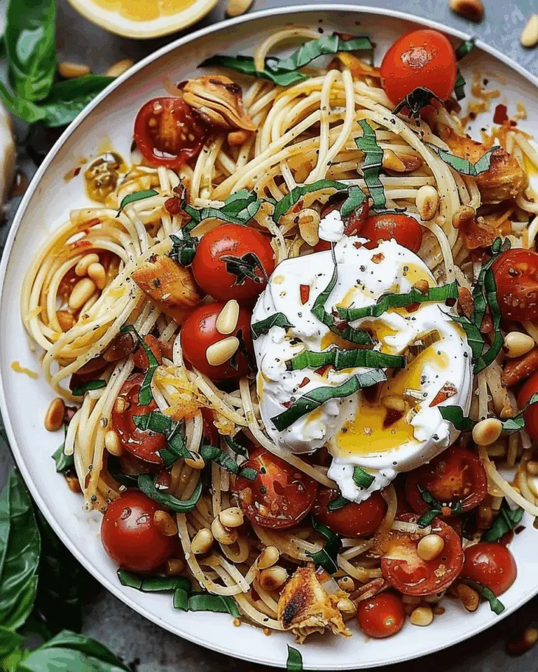Chicken Spaghetti with Roasted Cherry Tomatoes, Burrata Cheese, Pine Nuts, and Lemon Butter Garlic Sauce