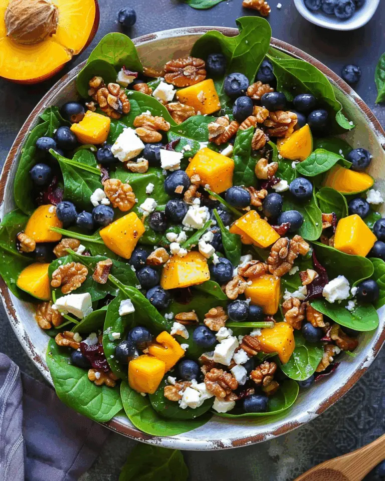Mango & Blueberry Spinach Salad with Walnuts, Feta Cheese, and Lemon Honey Mustard Dressing