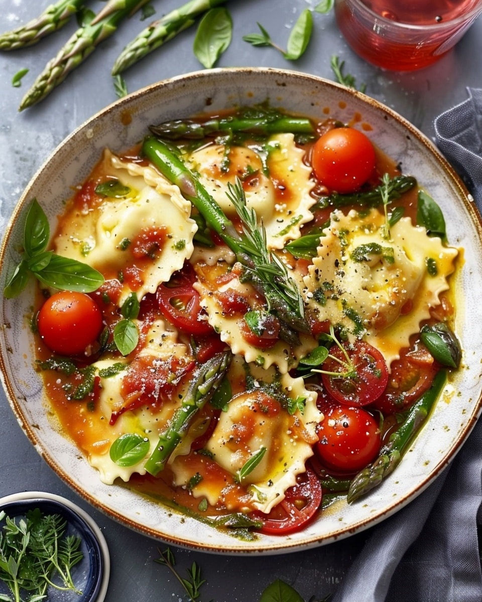 Ravioli with Tomatoes, Asparagus, Garlic, and Herbs