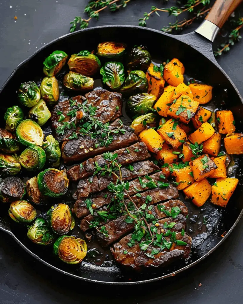 Garlic Butter Steak with Brussels Sprouts and Butternut Squash