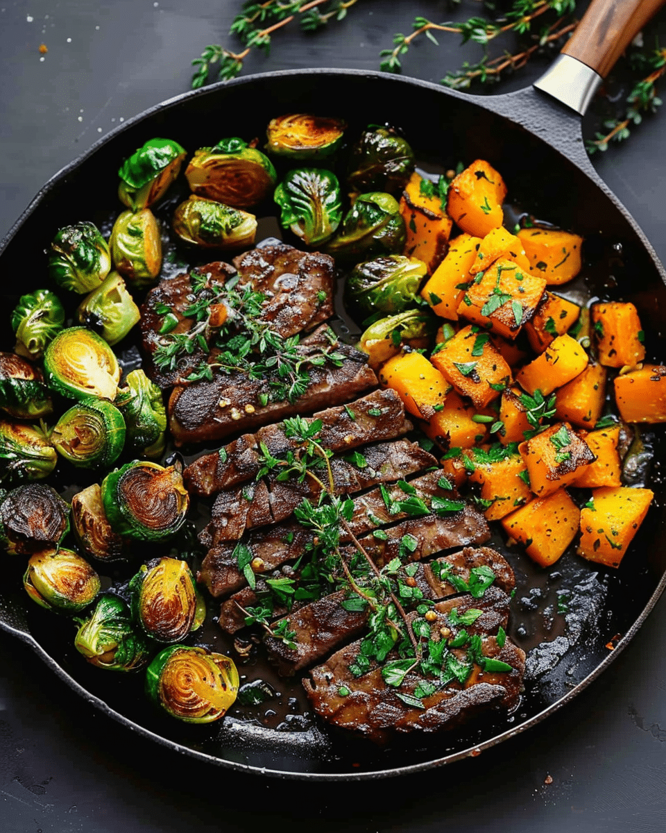 Garlic Butter Steak with Brussels Sprouts and Butternut Squash