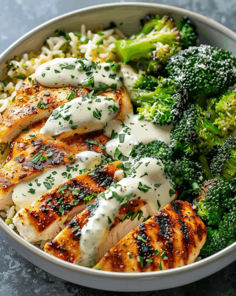 Grilled Chicken & Broccoli Bowls with Creamy Garlic Sauce