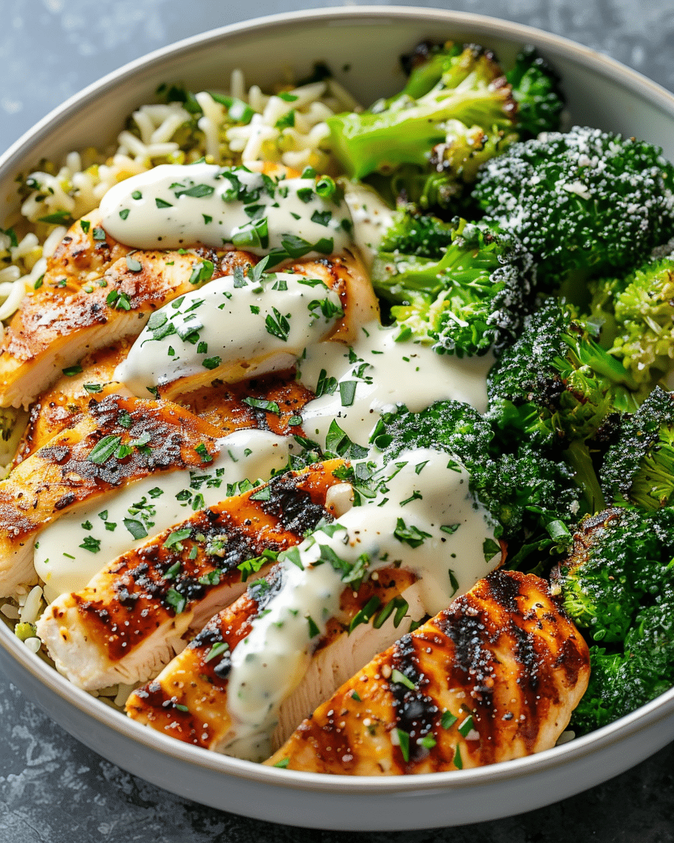 Grilled Chicken & Broccoli Bowls with Creamy Garlic Sauce