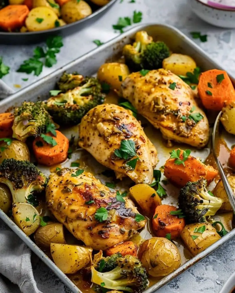Sheet Pan Kickin’ Curry Honey Mustard Chicken & Veggies