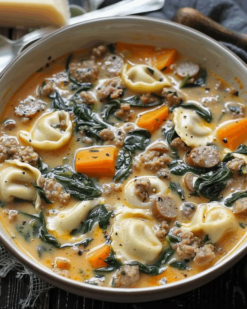 Creamy Sausage Tortellini Soup with Spinach and Sweet Potatoes