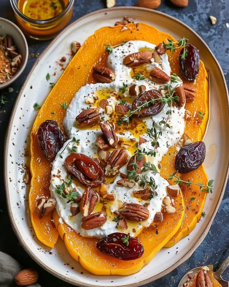 Roasted Butternut Squash with Honey Labneh, Dates, and Hazelnuts