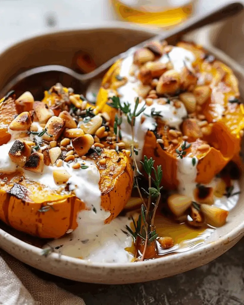 Roasted Pumpkin with Yogurt Sauce and Pine Nuts