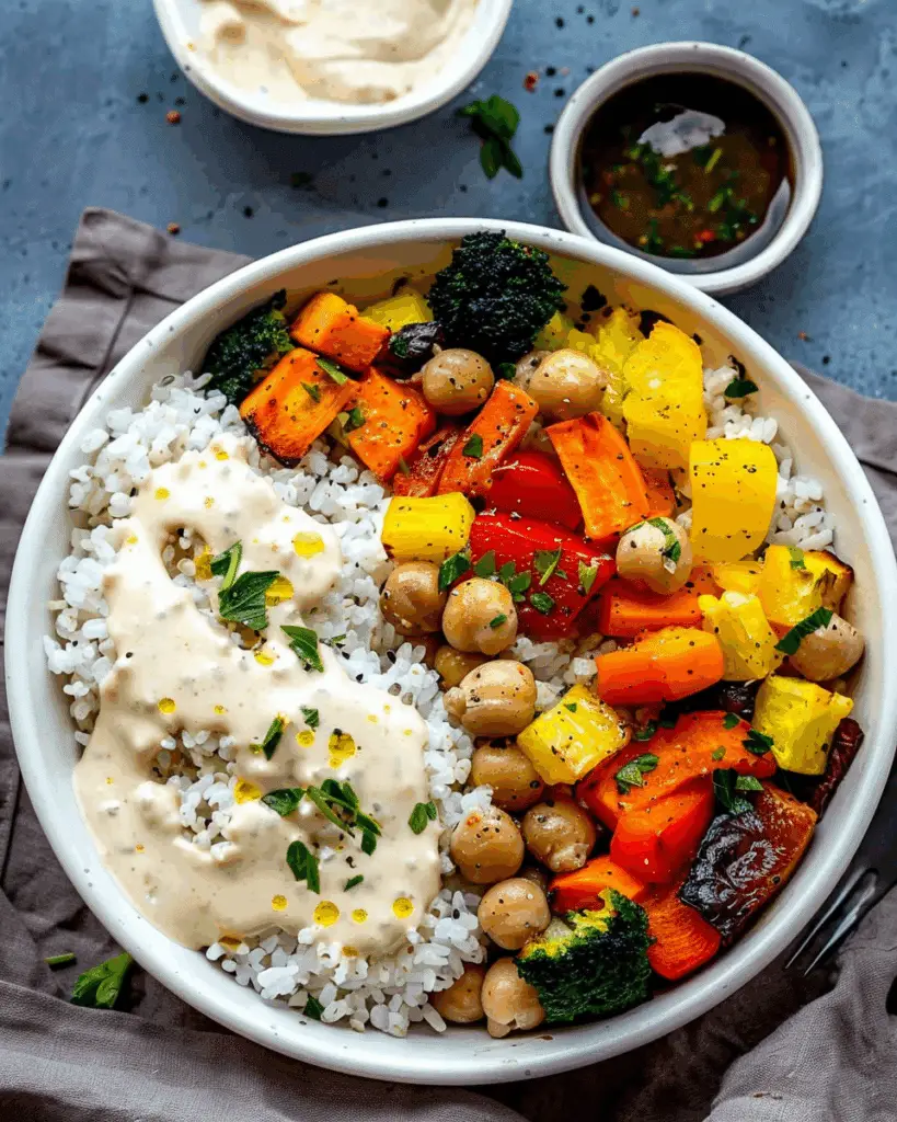 Roasted Veggie & Chickpea Bowls with Maple Dijon Tahini Dressing