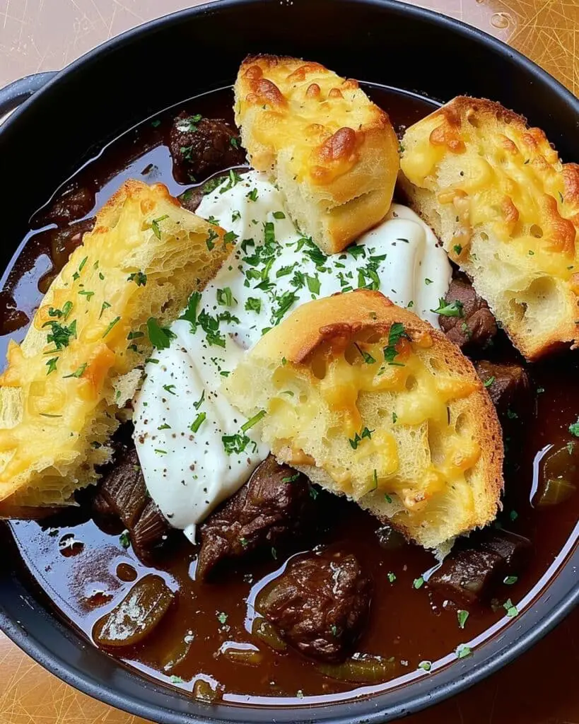 French Onion Beef Stew with Cheesy Bread Topping