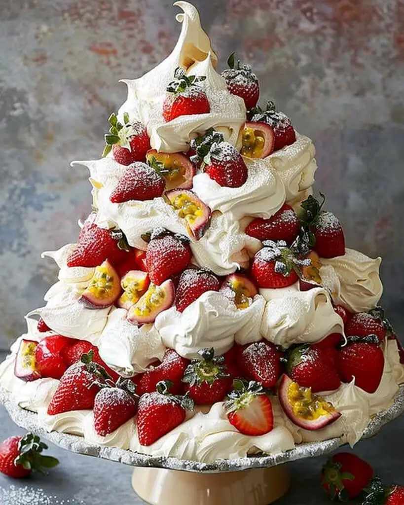 Elegant Pavlova Tree with Strawberries and Passionfruit