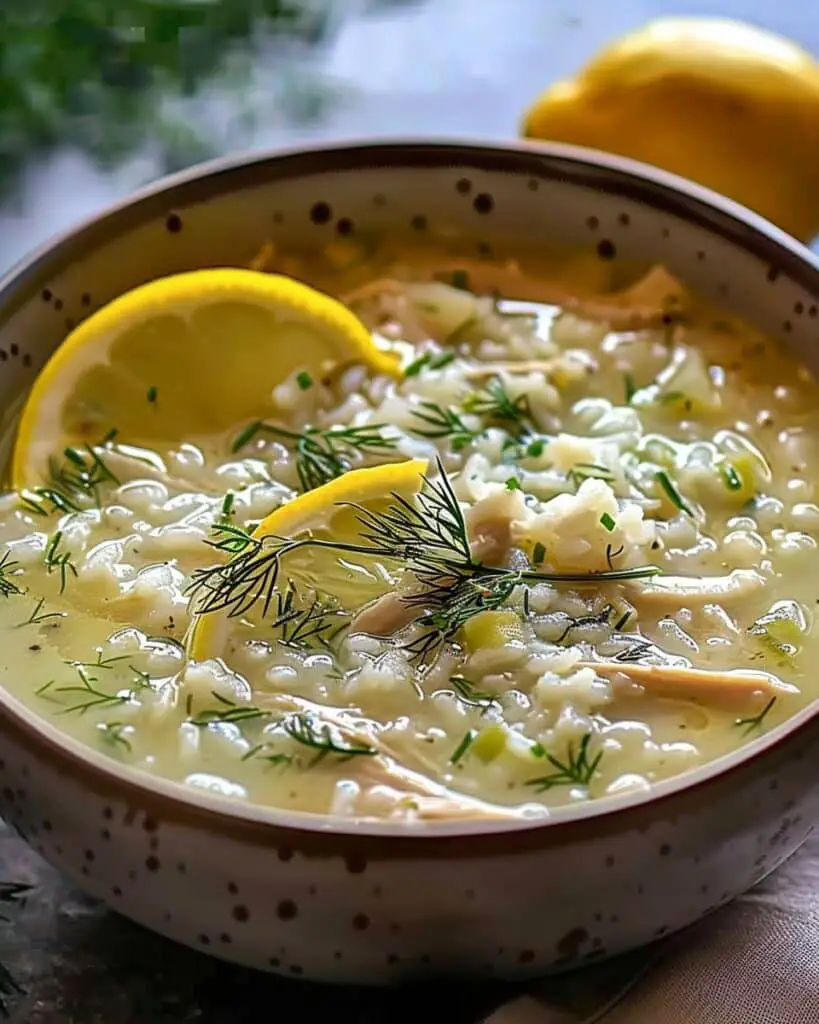 Greek Lemon Chicken Soup with Rice and Dill