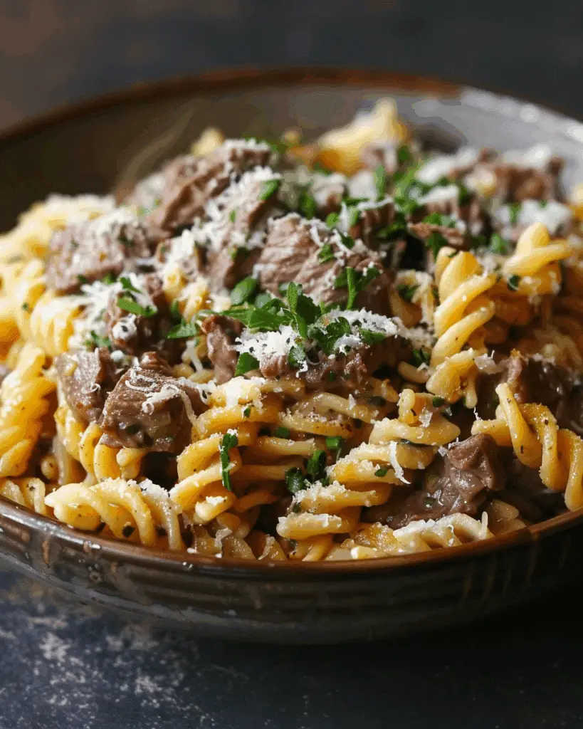 Beef and Rotini in Garlic Parmesan Sauce