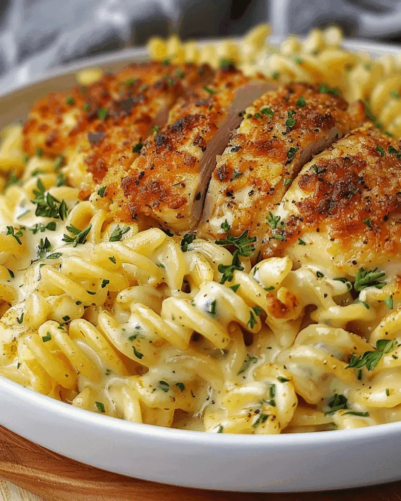 Creamy Garlic Parmesan Chicken with Cheesy Twisted Pasta