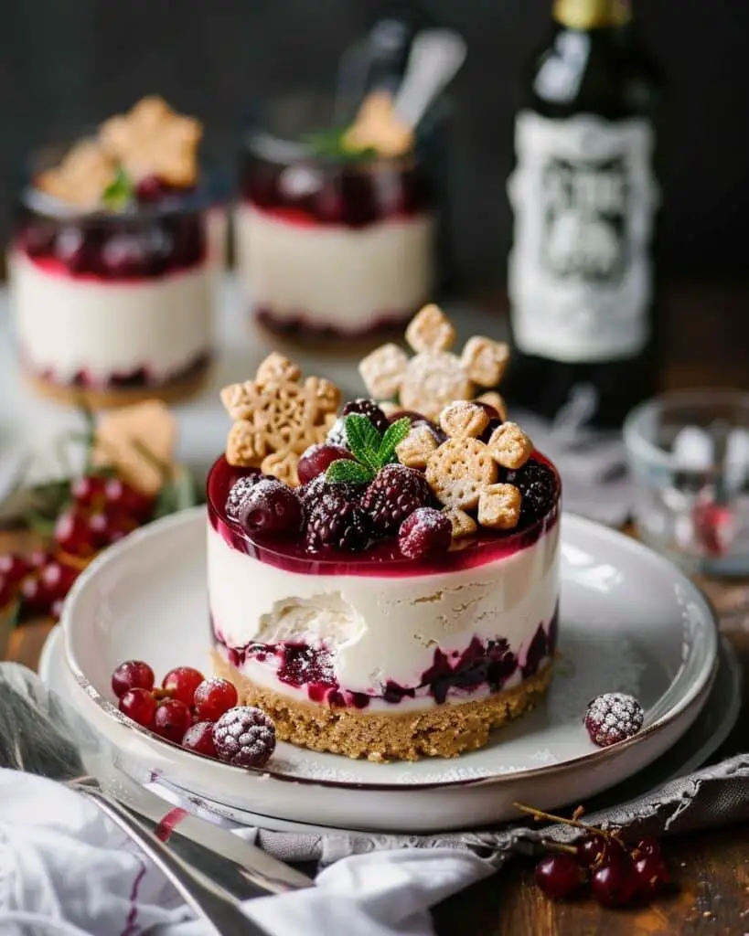 No-Bake White Chocolate Cheesecakes with Mulled Wine Fruit