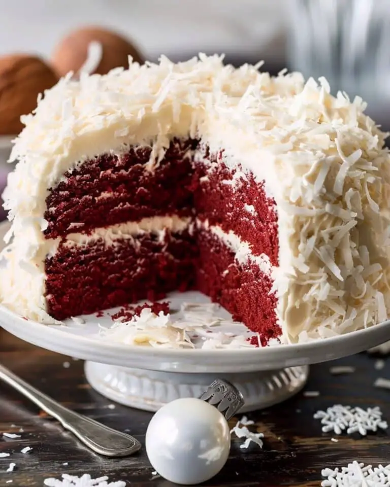 Festive Red Velvet Snowball Cake with Fluffy Coconut Frosting