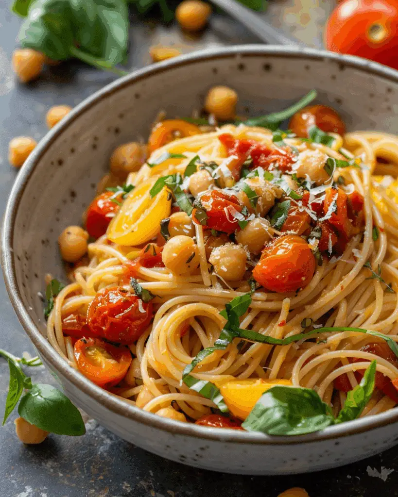 Slow Roasted Chickpea and Tomato Pasta
