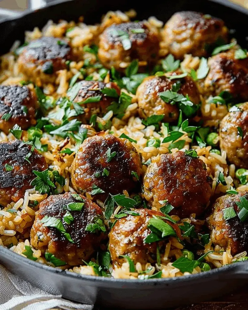 Garlic Meatball and Herb Rice Skillet