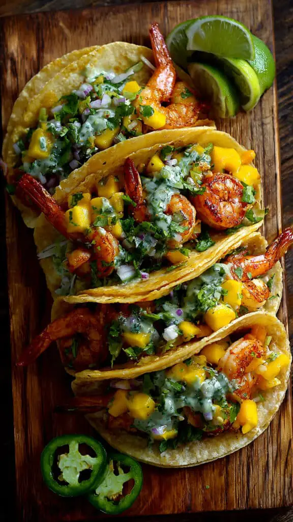 Shrimp Tacos with Mango Salsa & Creamy Cilantro Sauce