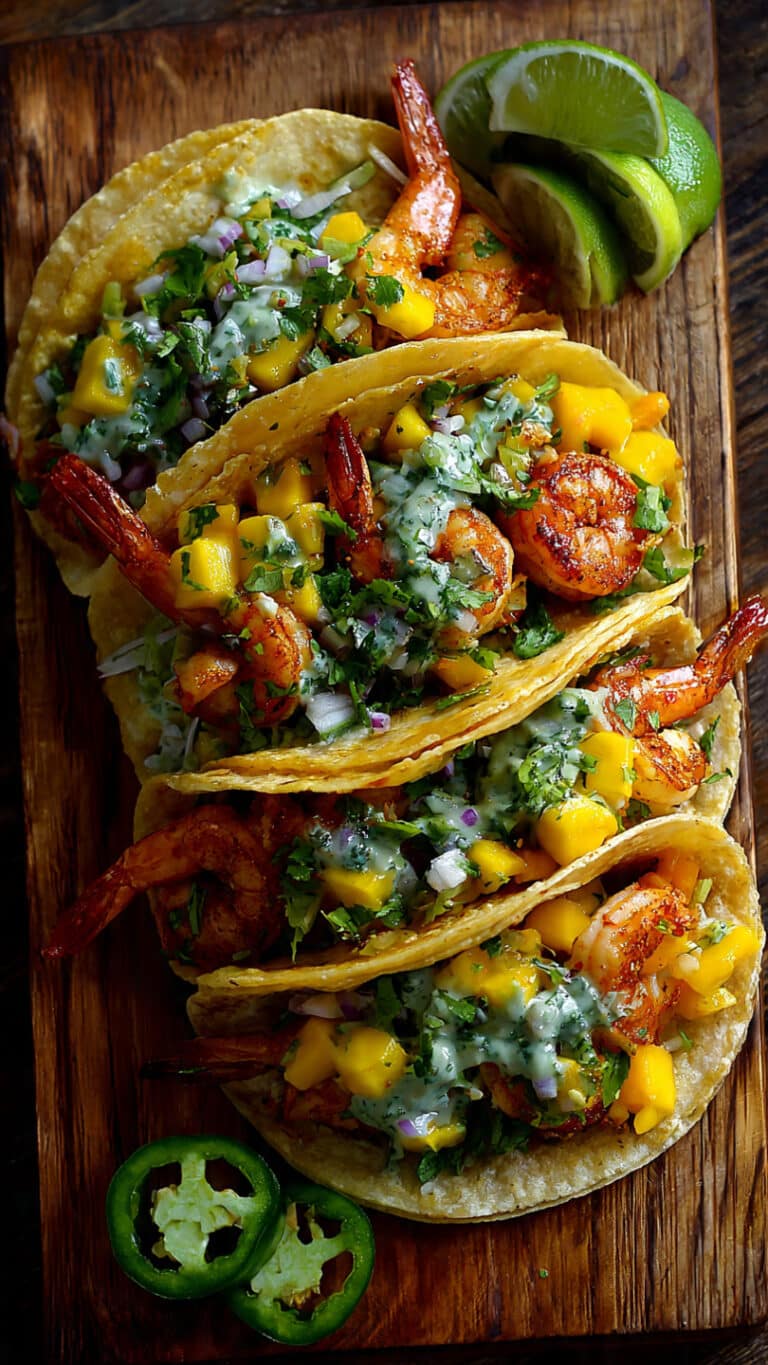 Shrimp Tacos with Mango Salsa & Creamy Cilantro Sauce
