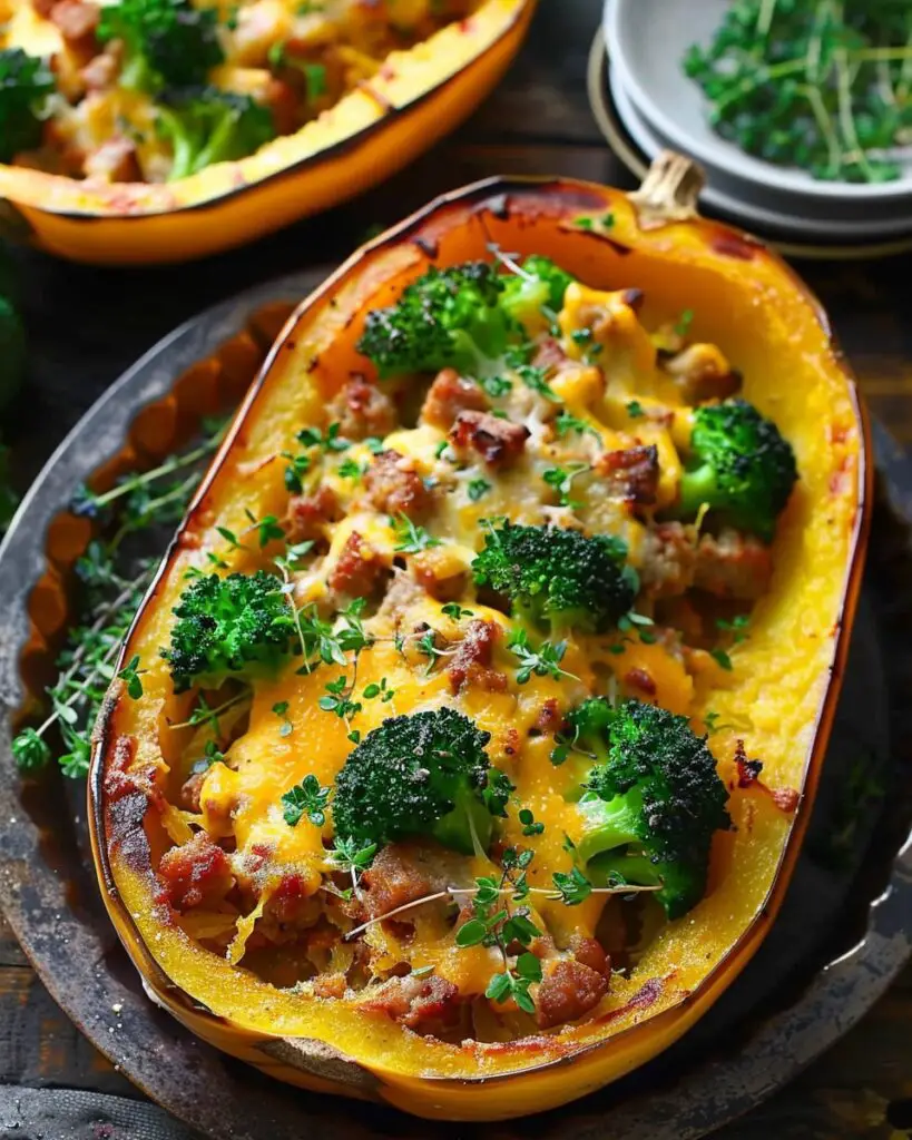 Stuffed Spaghetti Squash with Broccoli, Sausage, and Cheddar Cheese