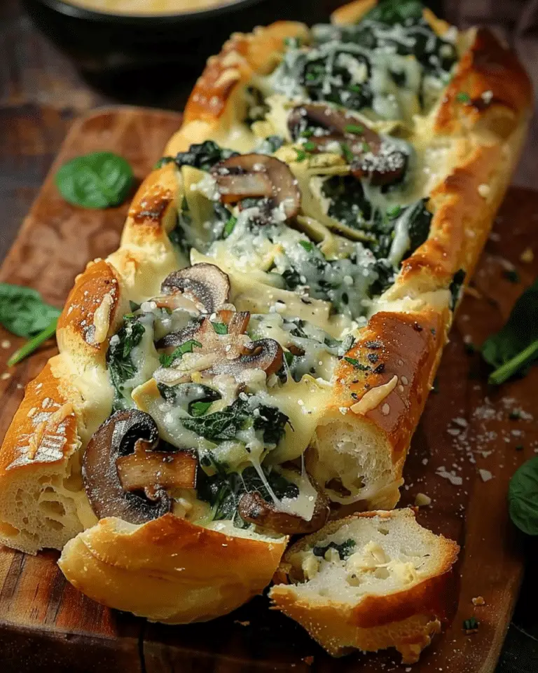 Cheesy Spinach Artichoke & Mushroom Stuffed Baguette