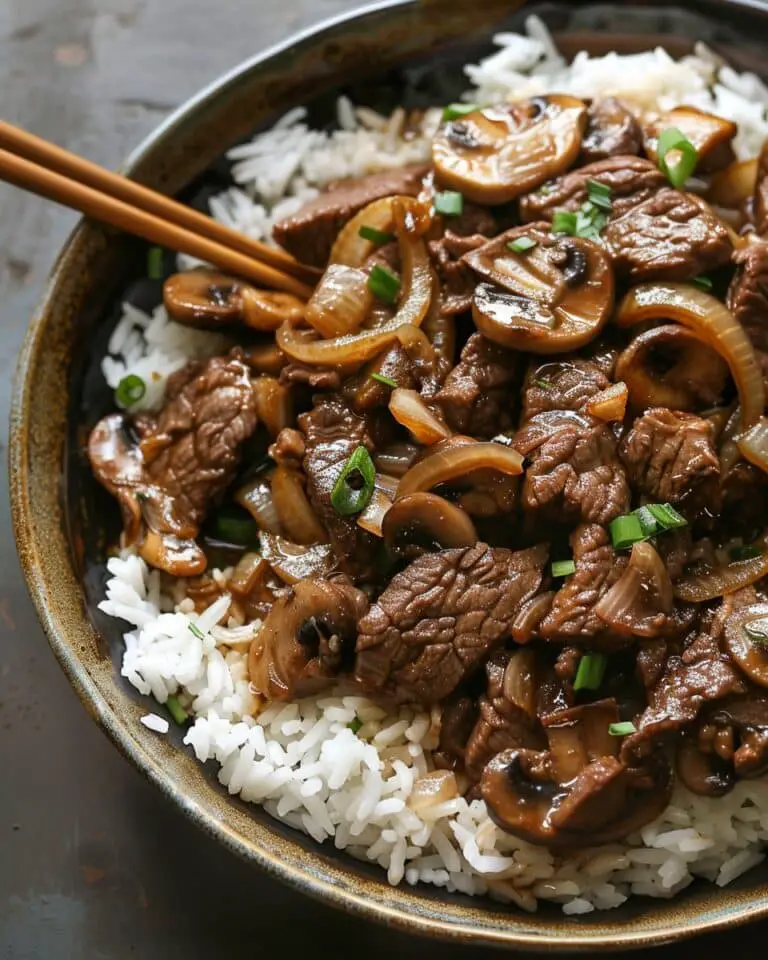 Beef, Onion & Mushroom Stir-Fry Over Rice