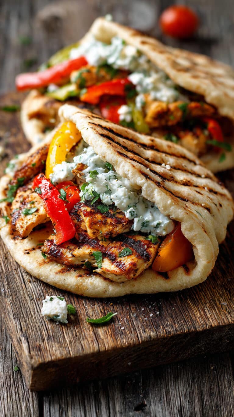 Lemon-Garlic Chicken Pitas with Feta Tzatziki & Roasted Bell Peppers