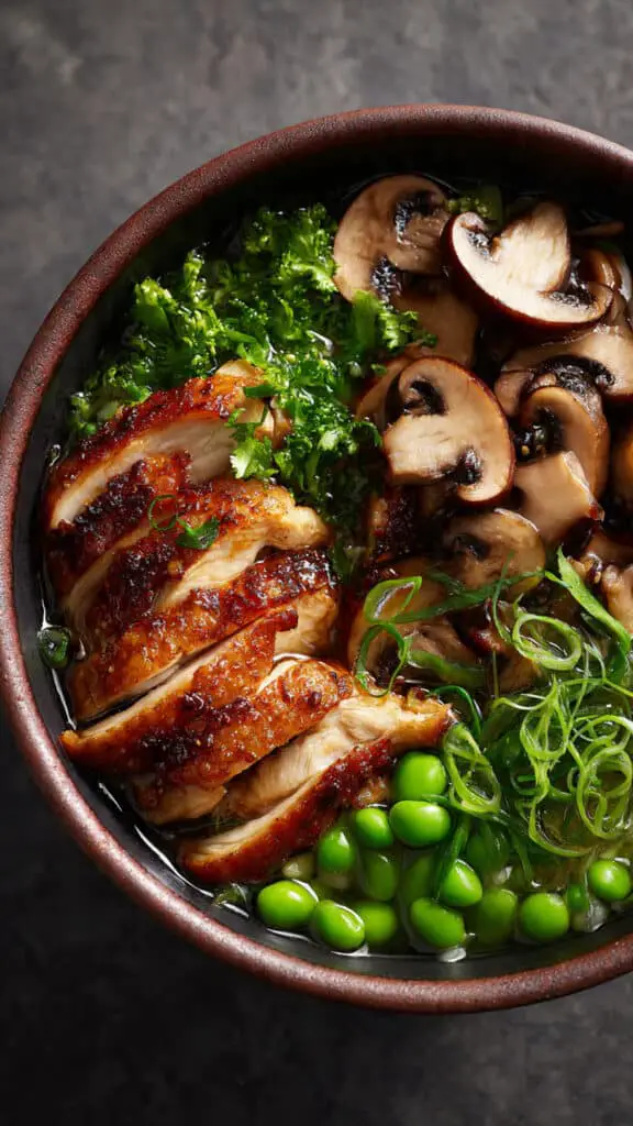 Crispy Chicken & Mushroom Bowl with Ginger-Garlic Broth
