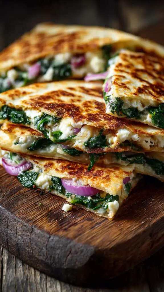 Mediterranean Quesadillas with Spinach, Feta, Mozzarella, and Red Onion