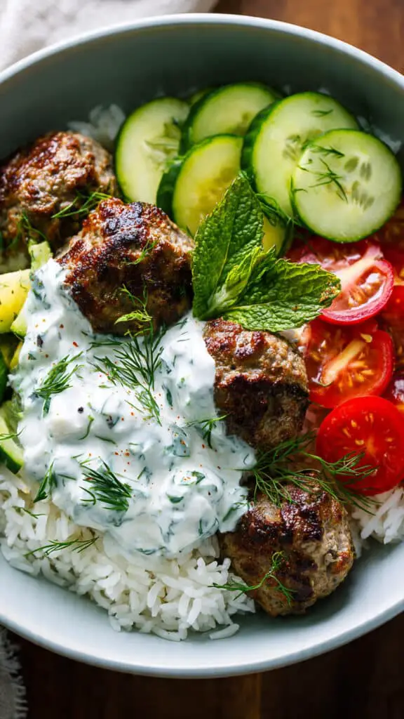 Greek Meatball Bowl with Tzatziki, Rice & Fresh Veggies