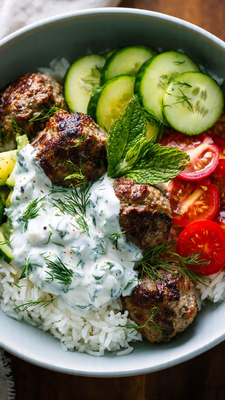 Greek Meatball Bowl with Tzatziki, Rice & Fresh Veggies