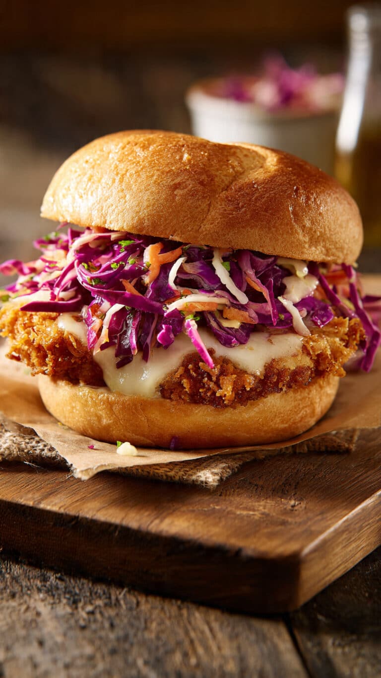 Crispy Mozzarella Chicken Sandwich with Tangy Slaw