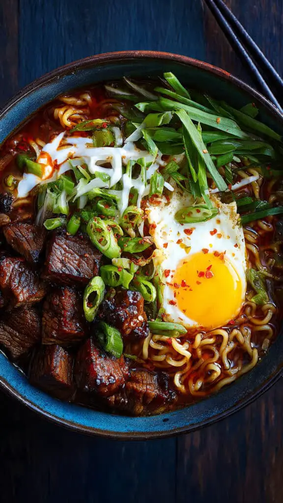 Spicy Korean Ramen with Grilled Beef & Creamy Sauce