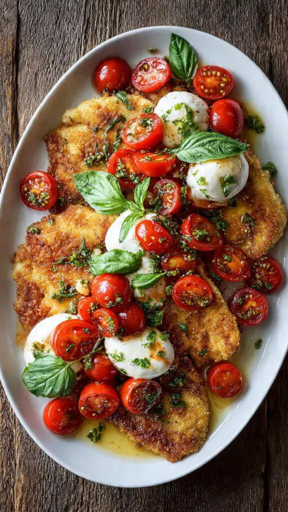Italian Basil Chicken Cutlets with Tomato and Burrata Topping