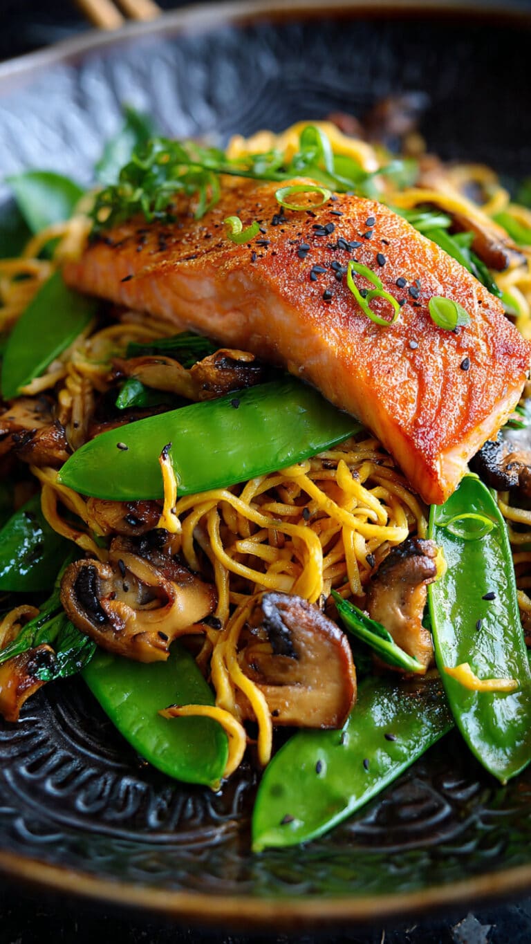 Asian Salmon and Noodles with Mushrooms and Snow Peas