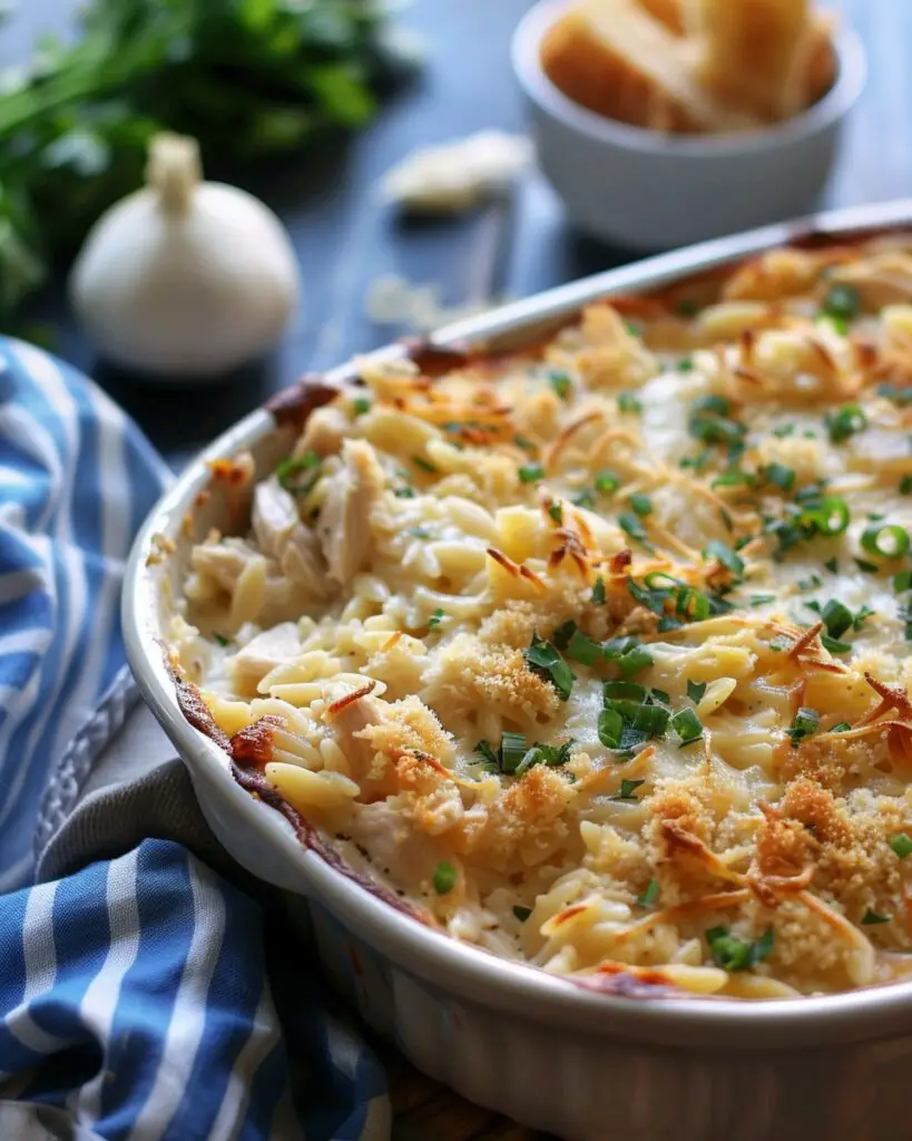 French Onion Chicken Orzo Casserole
