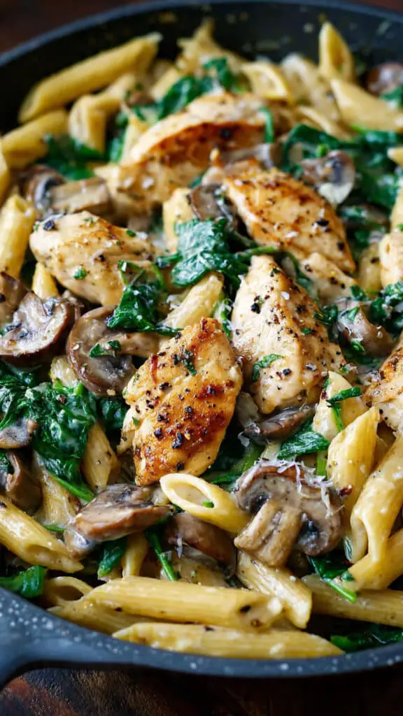 Creamy Chicken Marsala Pasta with Spinach and Mushrooms
