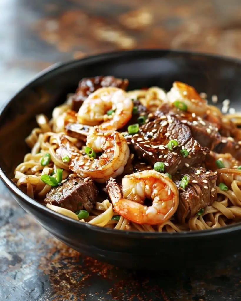 Surf & Turf Noodle Stir-Fry with Steak and Shrimp