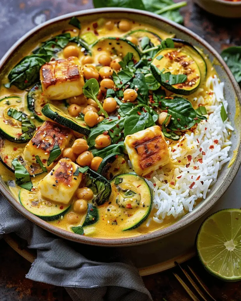 Golden Chickpea & Zucchini Coconut Curry with Halloumi and Spinach